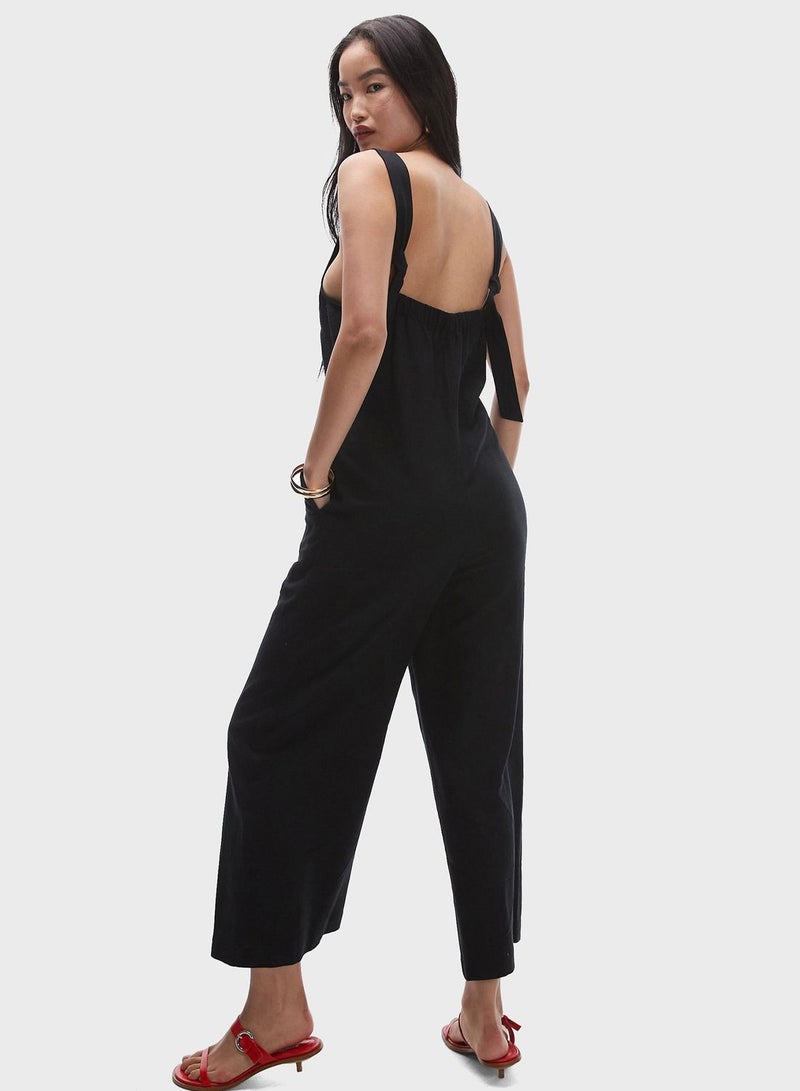 Plunge Neck Button Down Jumpsuit