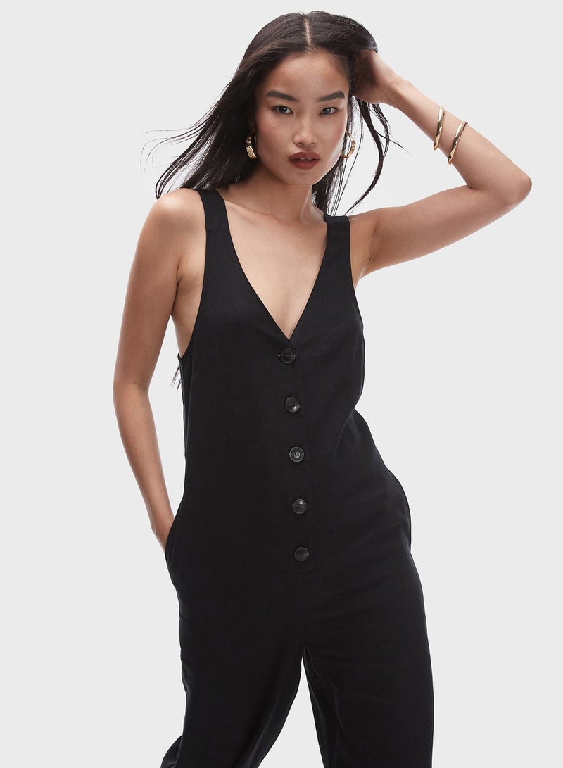 Plunge Neck Button Down Jumpsuit