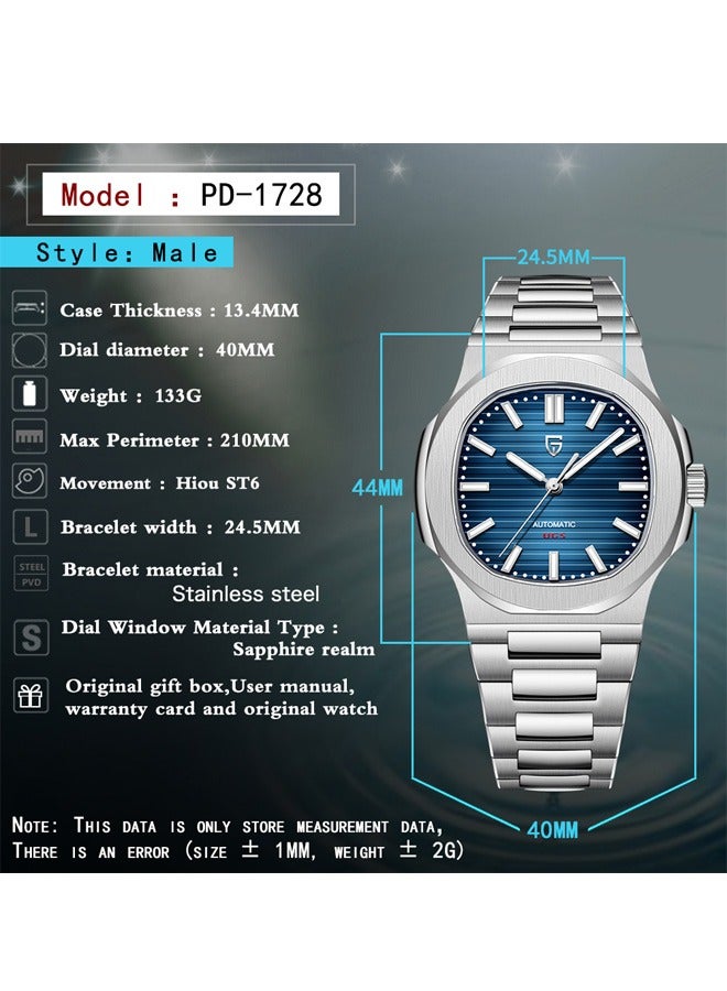 Men's Quartz Watches, Chronograph, Stainless Steel 40MM Sapphire Glass Dial, Silver Steel Strap PD1728