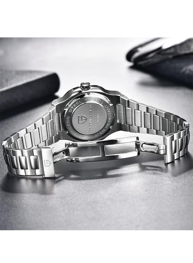 Men's Quartz Watches, Chronograph, Stainless Steel 40MM Sapphire Glass Dial, Silver Steel Strap PD1728