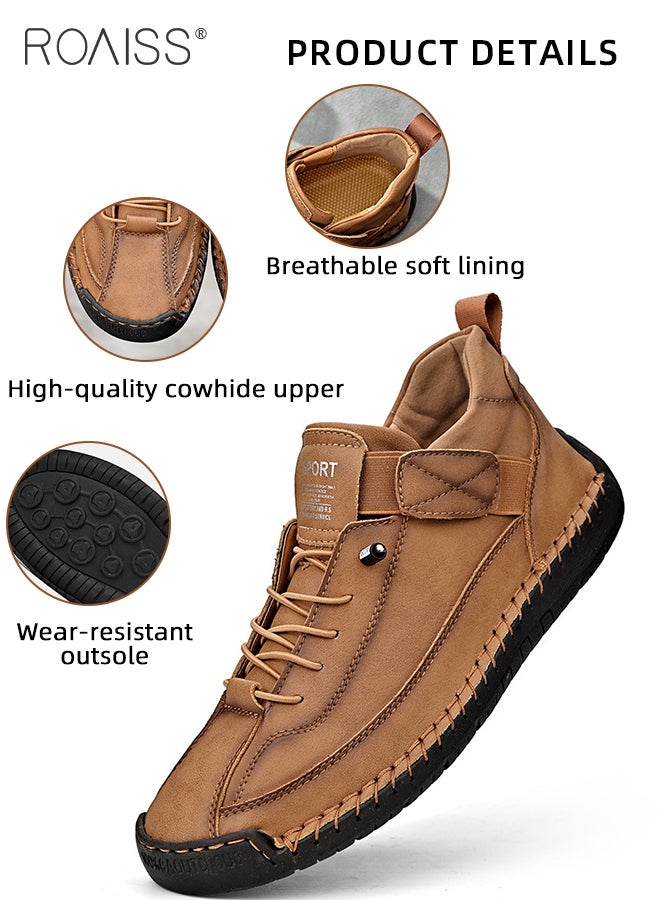 Casual Leather Loafers for Men Stylish Versatile Retro Slip-On Soft Bottom Wear Resistant Flat Shoes for Driving Comfy and Breathable Ankle Boots with Stitch Decor for Outdoor Hiking