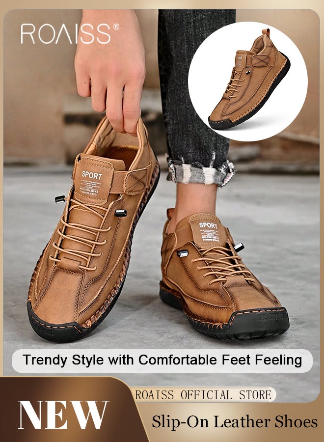 Casual Leather Loafers for Men Stylish Versatile Retro Slip-On Soft Bottom Wear Resistant Flat Shoes for Driving Comfy and Breathable Ankle Boots with Stitch Decor for Outdoor Hiking