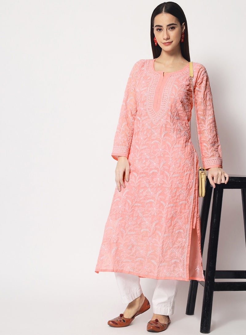 Hand Embroidered Chikankari Cotton Straight Kurta-AL3592