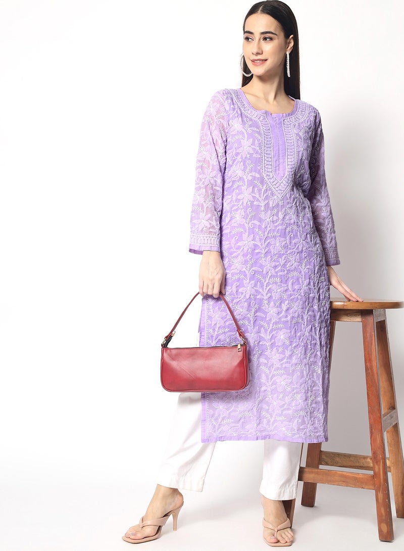 Hand Embroidered Chikankari Cotton Straight Kurta-AL3592