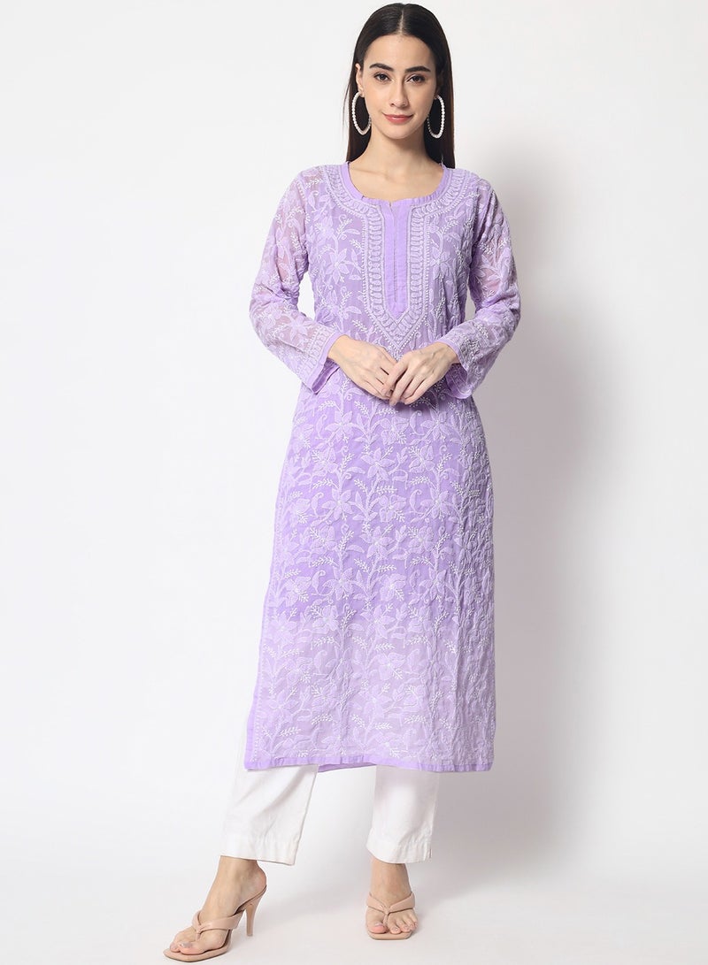 Hand Embroidered Chikankari Cotton Straight Kurta-AL3592