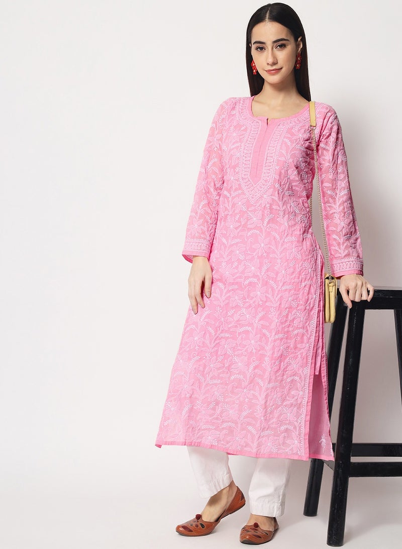 Hand Embroidered Chikankari Cotton Straight Kurta-AL3592