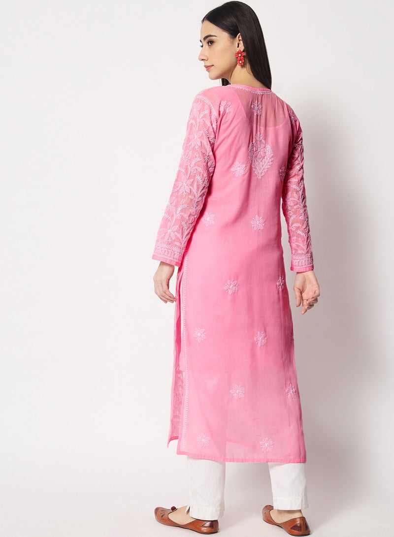 Hand Embroidered Chikankari Cotton Straight Kurta-AL3592