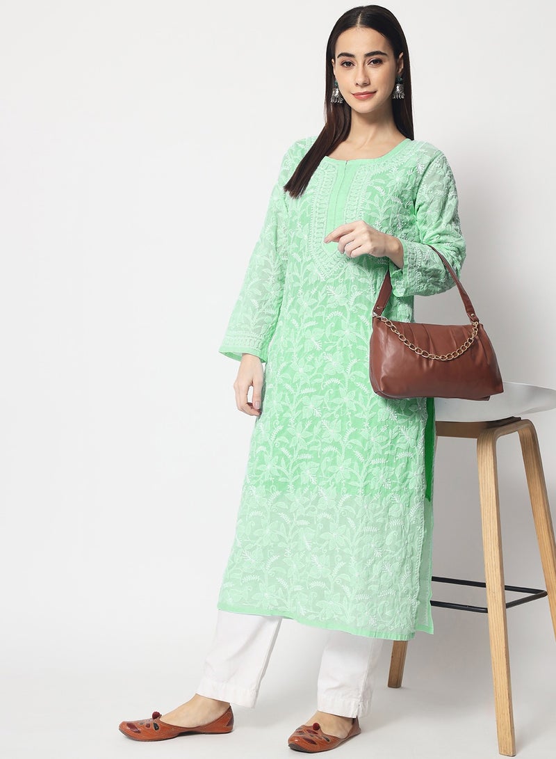 Hand Embroidered Chikankari Cotton Straight Kurta-AL3592