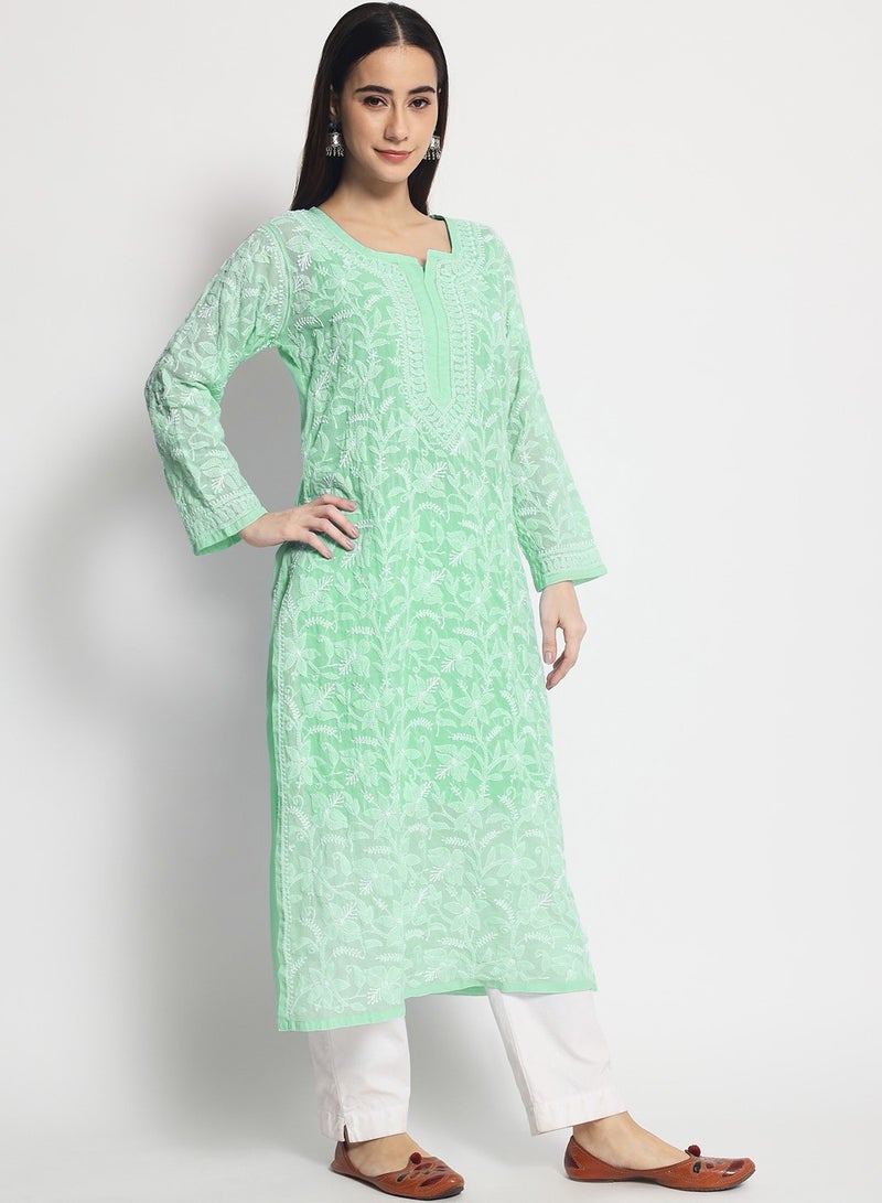 Hand Embroidered Chikankari Cotton Straight Kurta-AL3592