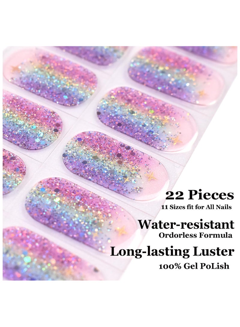 Nail Art Wraps, Gloss Gel Nails Strips, Nail Light/Lamp Free Nail Polish Stickers, Chip Resistant Waterproof Long Lasting Nail Strips, Easy to Apply, Trim, Remove Contains 22 Nail Wraps (Glitter Star)