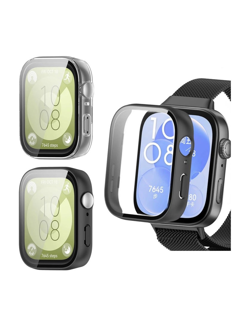 PC Case Compatible for HUAWEI WATCH FIT 3, 2 Pack With Tempered Glass Screen Protector, Full Coverage Hard PC Shockproof Protective Cover, Full Protection, Anti-Scratch, Black+Transparent