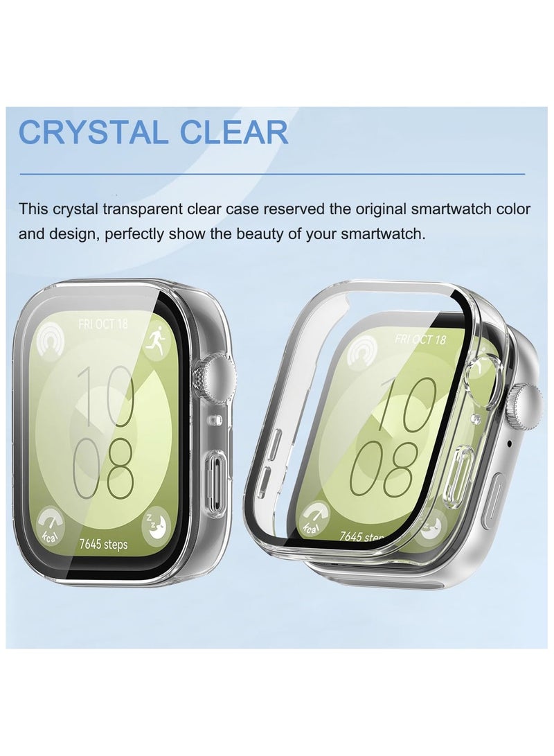 PC Case Compatible for HUAWEI WATCH FIT 3, 2 Pack With Tempered Glass Screen Protector, Full Coverage Hard PC Shockproof Protective Cover, Full Protection, Anti-Scratch, Black+Transparent