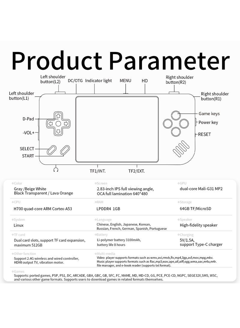 RG28XX Handheld Game Console 2.83 inch 640*480 IPS Screen Linux System 3100mAh Video Retro Player Support HDMI Output TV 2.4G Wireless/Wired Controller Supports Music Video Player (White)