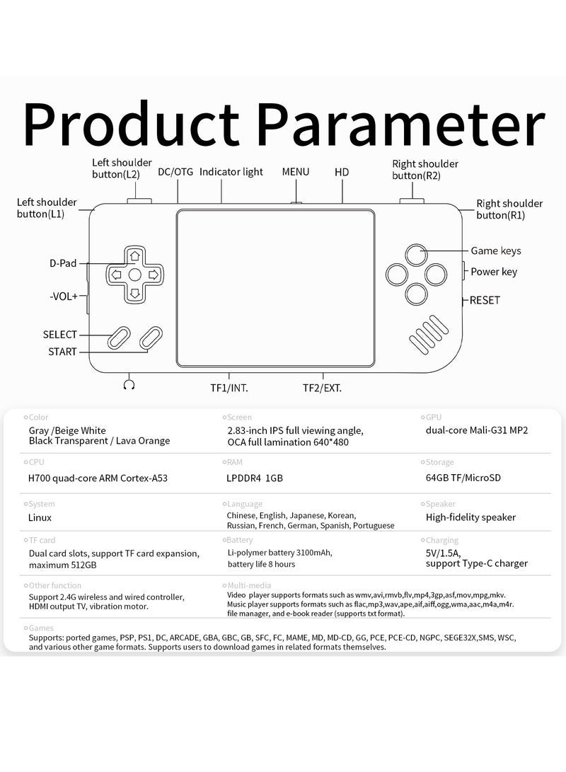 RG28XX Handheld Game Console 2.83 inch 640*480 IPS Screen Linux System 3100mAh Video Retro Player Support HDMI Output TV 2.4G Wireless/Wired Controller Supports Music Video Player (Black)