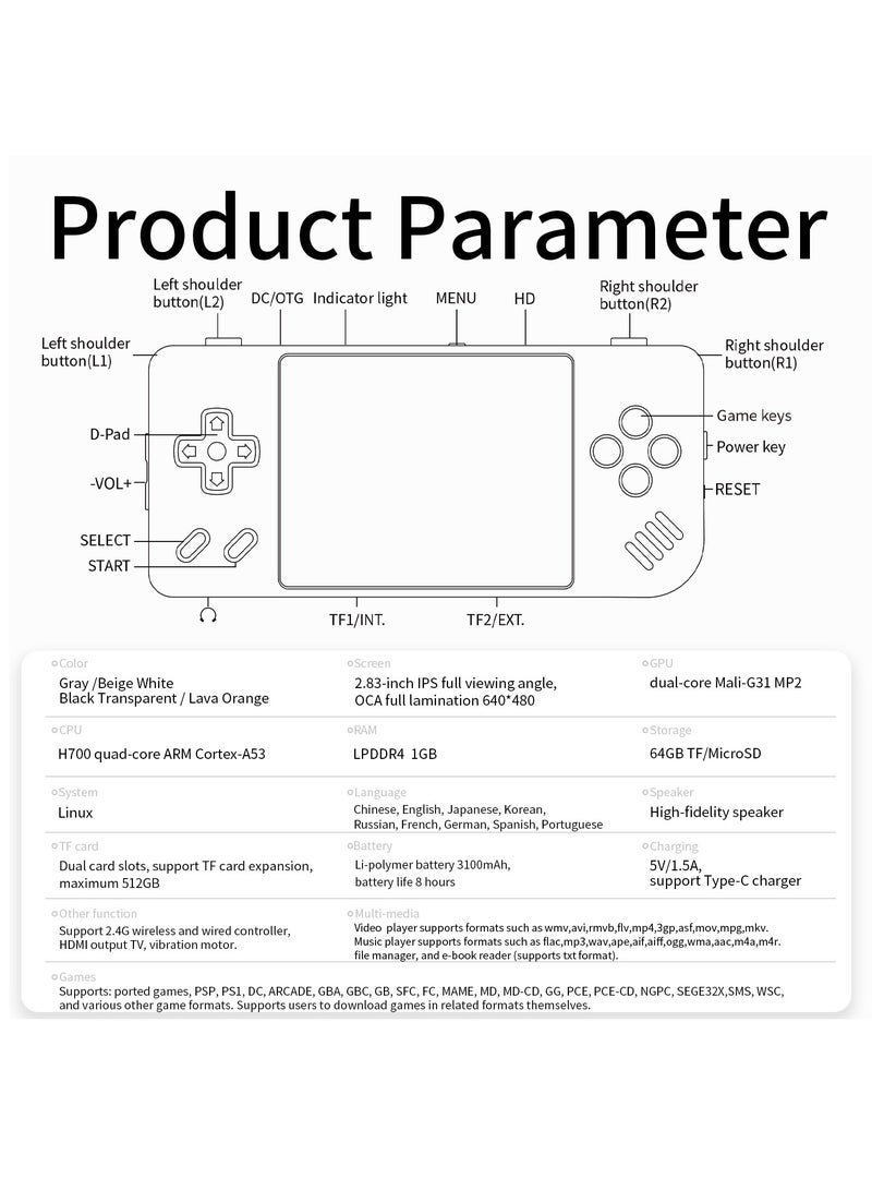 RG28XX Handheld Game Console 2.83 inch 640*480 IPS Screen Linux System 3100mAh Video Retro Player Support HDMI Output TV 2.4G Wireless/Wired Controller Supports Music Video Player (Orange)