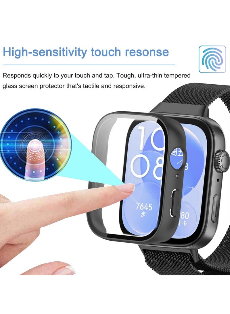 PC Case Compatible for HUAWEI WATCH FIT 3, 2 Pack With Tempered Glass Screen Protector, Full Coverage Hard PC Shockproof Protective Cover, Full Protection, Anti-Scratch, Black+Transparent