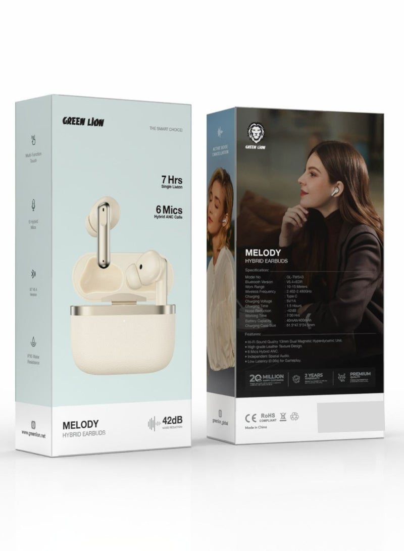 Melody Hybrid Earbuds |7 Hours Single Listen & 6 Mics Hybrid ANC Calls| 42db Noise Reduction & IPX5 Water Resistance - Biege