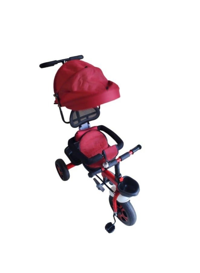 Pushing comfortable Tricycle with Sunlight cover and bell, Baby Trike with Pushing Handle, kids Tricycle with Basket and Storage Box, Toddler Tricycle with Footrest and Seat Belt, Red Colour