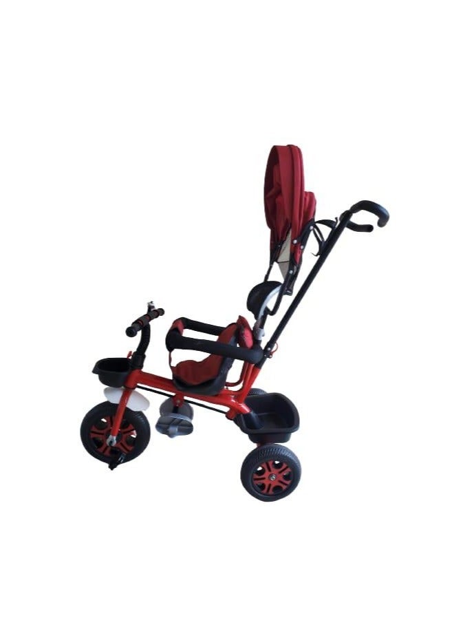 Pushing comfortable Tricycle with Sunlight cover and bell, Baby Trike with Pushing Handle, kids Tricycle with Basket and Storage Box, Toddler Tricycle with Footrest and Seat Belt, Red Colour