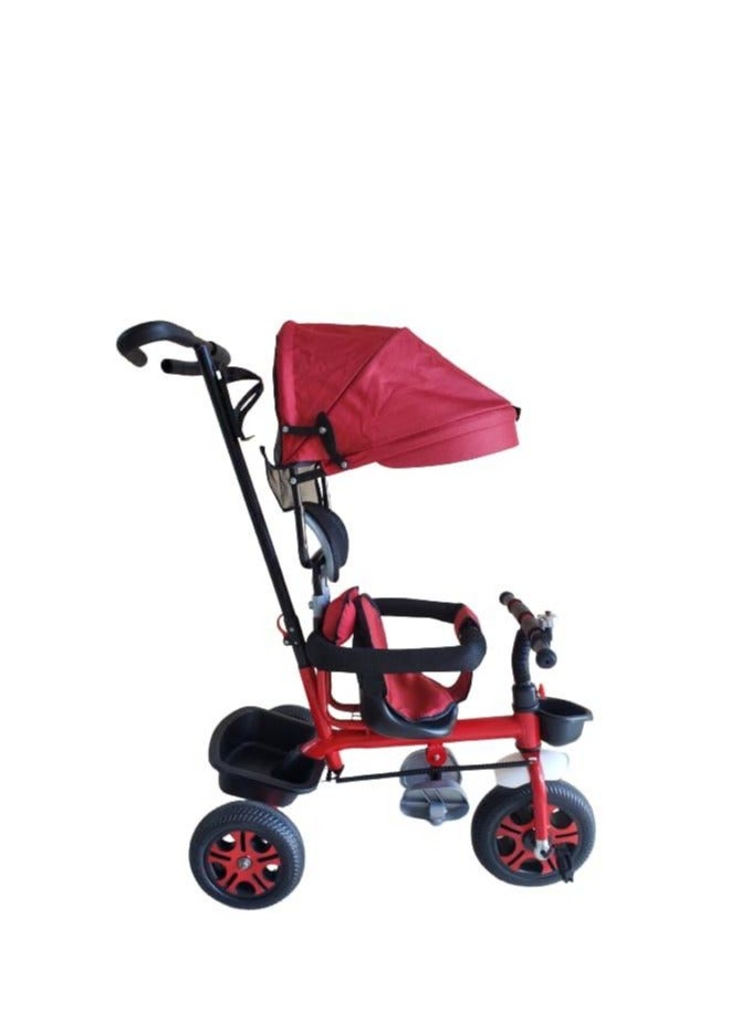 Pushing comfortable Tricycle with Sunlight cover and bell, Baby Trike with Pushing Handle, kids Tricycle with Basket and Storage Box, Toddler Tricycle with Footrest and Seat Belt, Red Colour