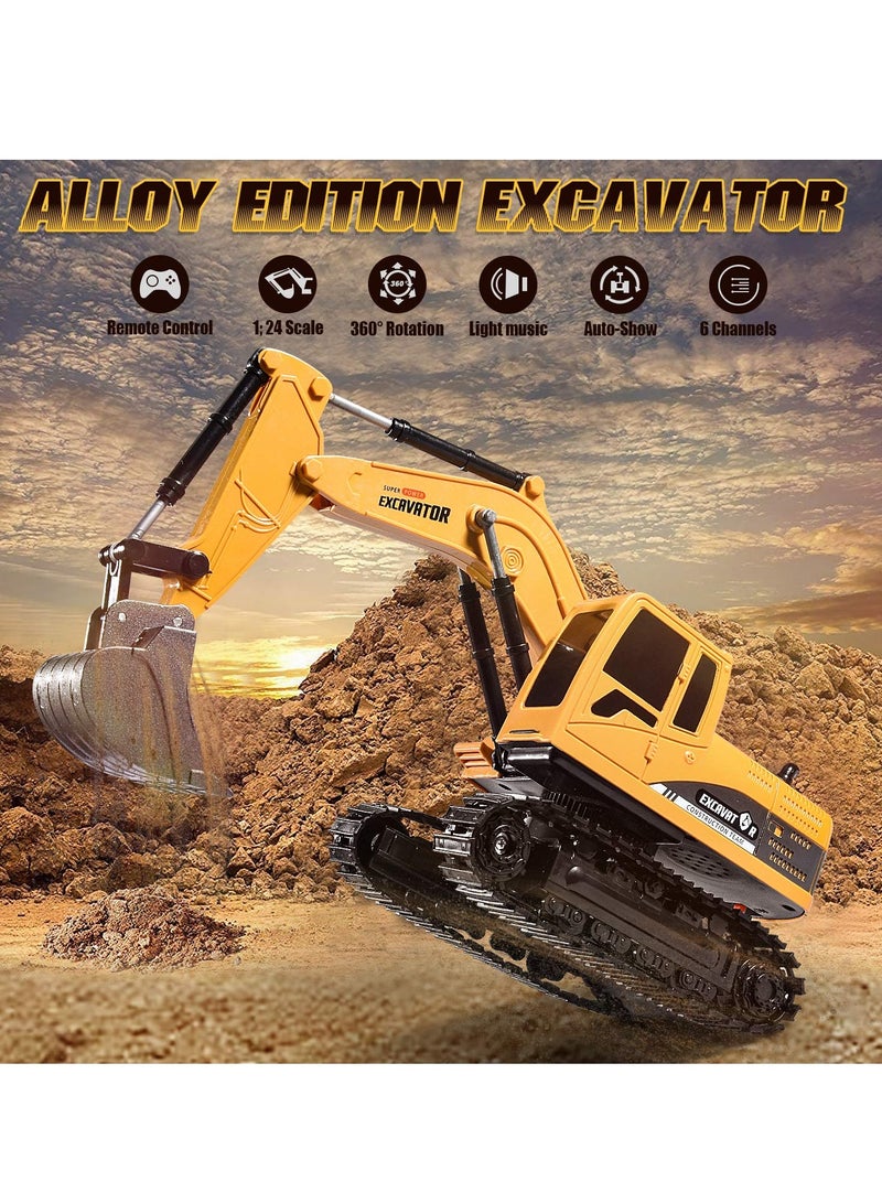 Remote Control Construction Excavator Toy Kids Toy Engineering Digger Truck Remote Control Rechargable Hydraulic Car RC Charging 1:24 With 6 Channel Educational Toys for Kids and Children for 3+