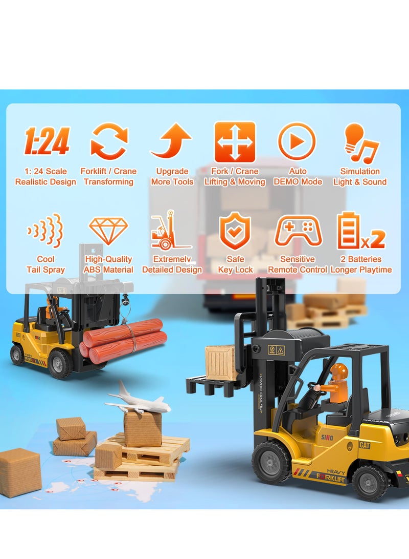 2.4Ghz Remote Control Forklift Cranes 2 in 1 RC Forklift Truck 6 Channel 2 Mode Channel Remote Control Crane with Spray Sound and Lights 1:24 Scale Construction Truck Toy Gift for Kids for 3-7