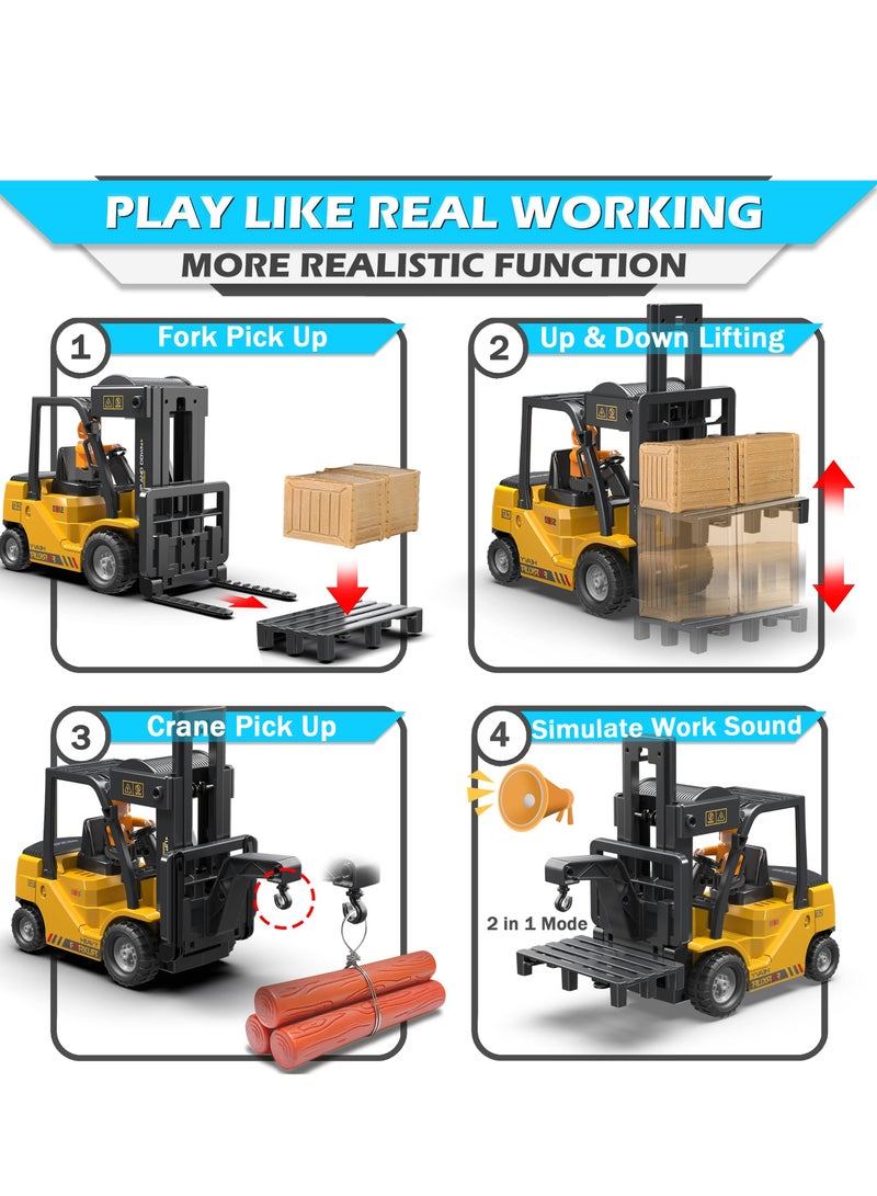 2.4Ghz Remote Control Forklift Cranes 2 in 1 RC Forklift Truck 6 Channel 2 Mode Channel Remote Control Crane with Spray Sound and Lights 1:24 Scale Construction Truck Toy Gift for Kids for 3-7
