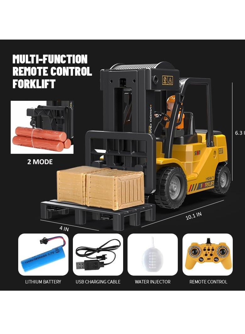 2.4Ghz Remote Control Forklift Cranes 2 in 1 RC Forklift Truck 6 Channel 2 Mode Channel Remote Control Crane with Spray Sound and Lights 1:24 Scale Construction Truck Toy Gift for Kids for 3-7