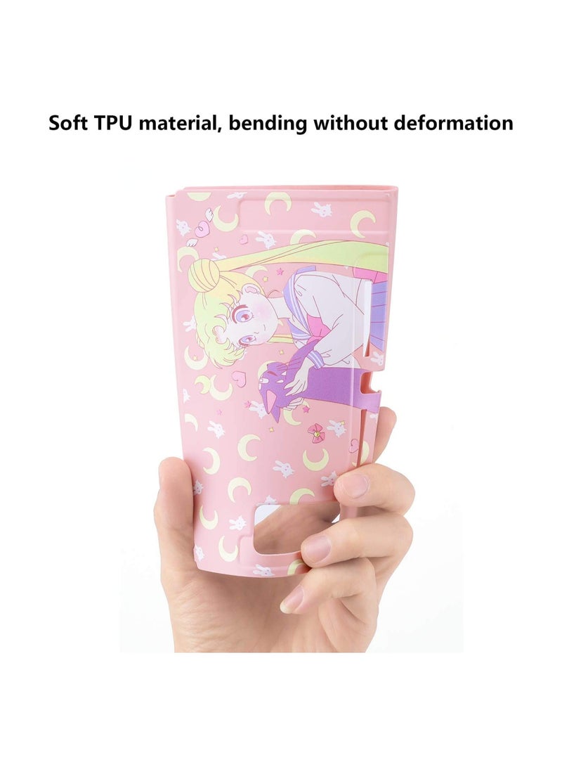 Cute Protective Case for Switch OLED (2021), Sailor Moon Case Screen Protector with 2PC Cat Claw Thumb Grips Caps Silicone Soft Cover Shockproof Pink Skin Shell Anti-Scratch Case for Joy Con