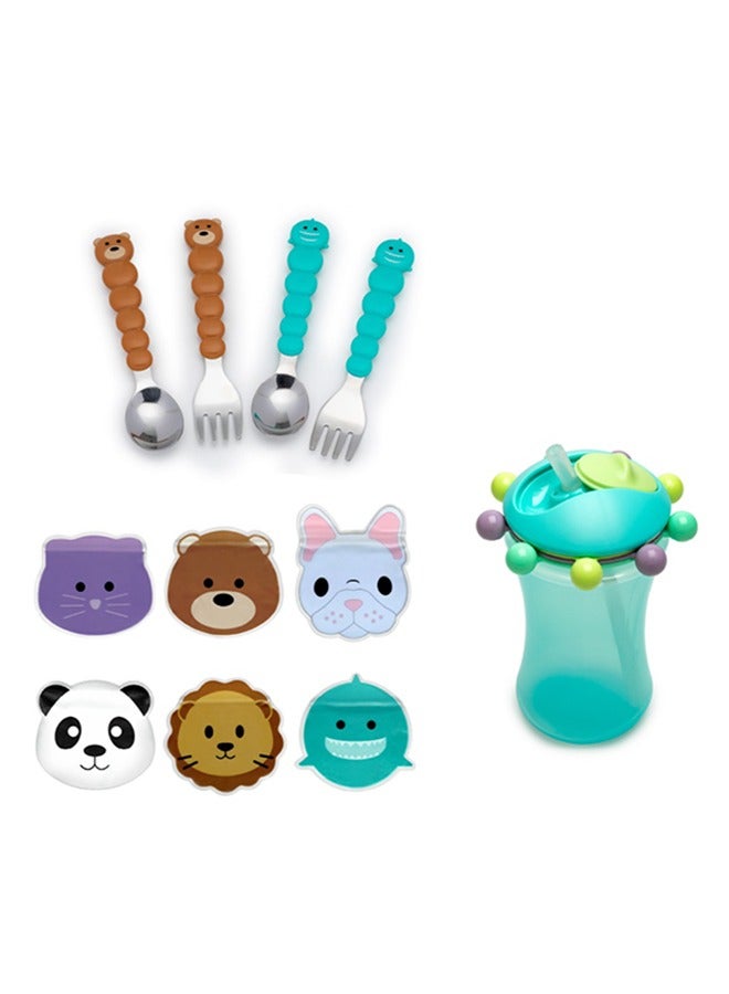 Reusable Snack Bags With Zip Closure (Animals Design, 6 pcs), Spoons And Forks Set (Brown Bear & Turquoise Shark, 4 pcs), Abacus Straw Sippy Cup (Turquoise, 340 ml)