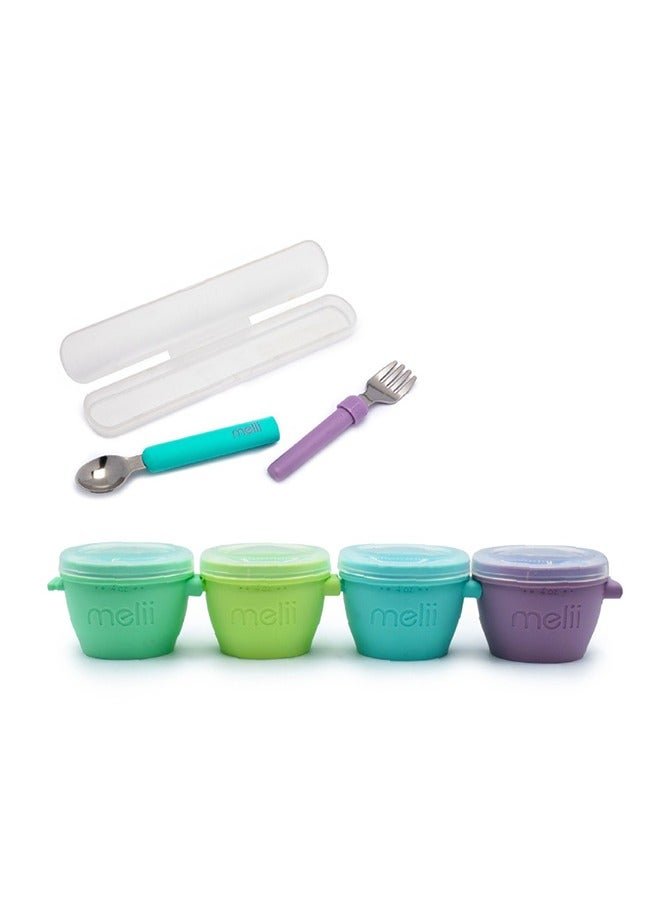 Silicone Snap And Go Pads, Food Storage Container 4 oz, 4 pcs And Detachable Spoon And Fork With Carrying Case - Blue And Purple