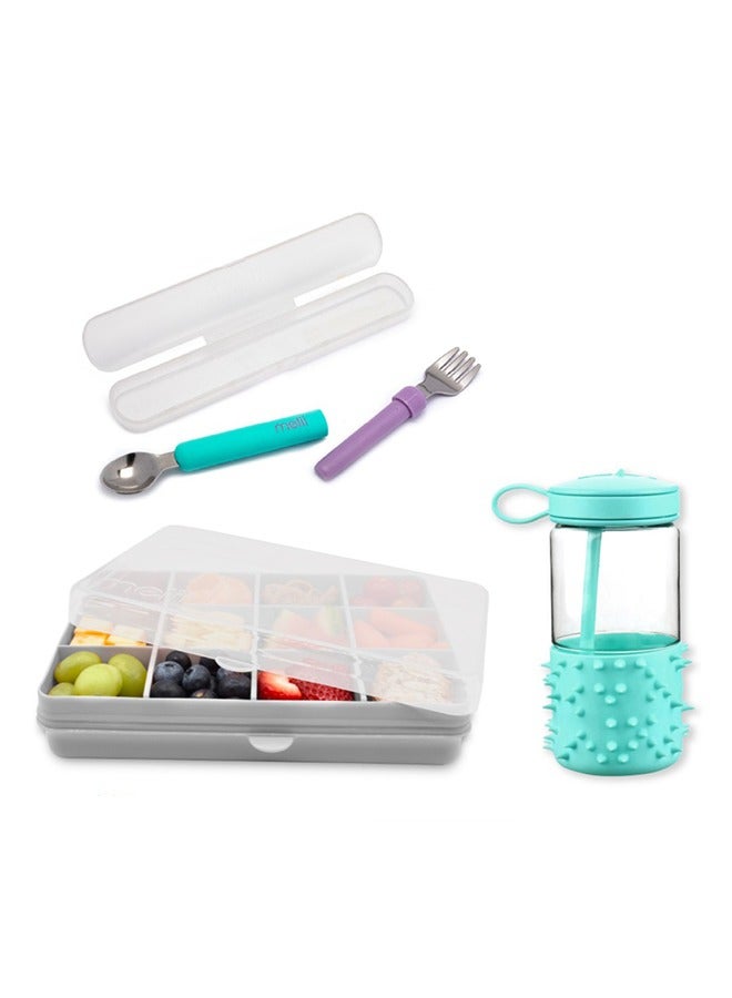 Set Of 3 Bundle - Snackle Food Container With Removable Divider 4oz - Water Bottle 17oz - Detachable Spoon And Fork With Carrying Case - Back To School Special