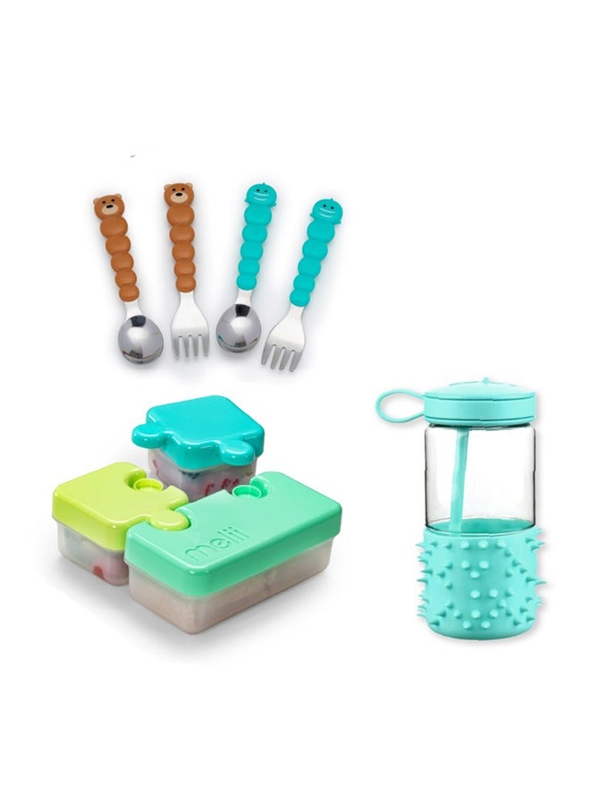 Back To School Bundle - Puzzle Food Container (Lime, Turquoise Green), Spikey Water Bottle (Mint, 17 oz), Spoons And Forks Set (Brown Bear And Turquoise Shark, 4 Pcs)