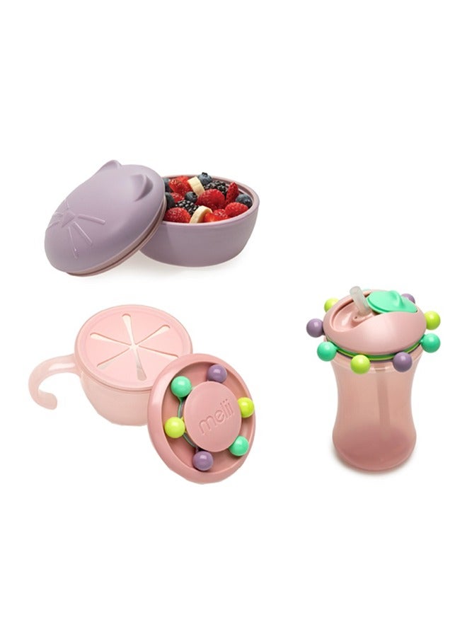 Back To School Bundle - Silicone Bowl With Lid (Purple Cat, 350 ml), Abacus Snack Container With Finger Trap (Pink), Abacus Straw Sippy Cup (Pink, 340 ml)