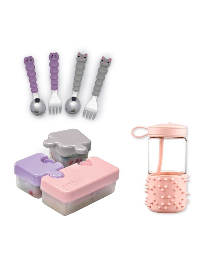 Back To School Bundle - Puzzle Food Container (Pink, Purple, Grey), Spikey Water Bottle (Pink, 17 oz), Spoons And Forks Set (Purple Cat And Grey Bulldog, 4 Pcs)