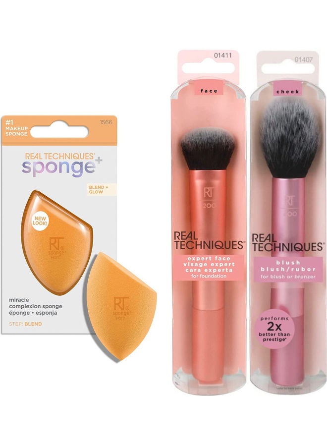 Expert Face Professional Foundation Makeup Brush And Ultra Plush Blush Makeup Brush With Miracle Complexion Sponge, Beauty Sponge For Makeup Blending Set of 1407, 1411, 1566