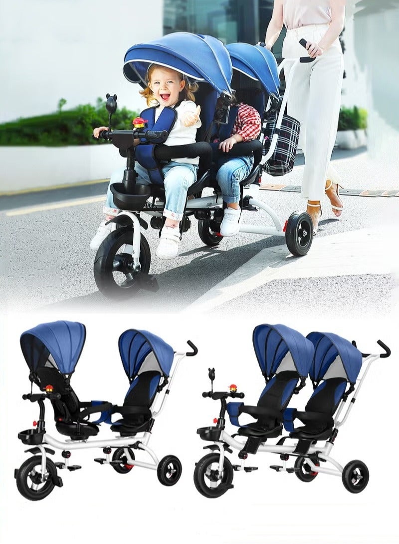 4-in-1 Double Twin Stroller, Tandem Baby Trolley, Kids Tricycle, Baby Stroll Trike with Adjustable Push Handle, Baby Stroller for Two Kids, with Removable Canopy, Guardrail and Rotatable Seat