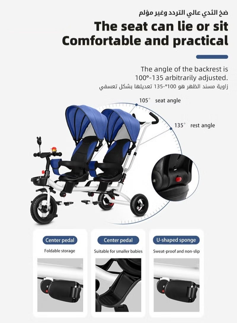 4-in-1 Double Twin Stroller, Tandem Baby Trolley, Kids Tricycle, Baby Stroll Trike with Adjustable Push Handle, Baby Stroller for Two Kids, with Removable Canopy, Guardrail and Rotatable Seat