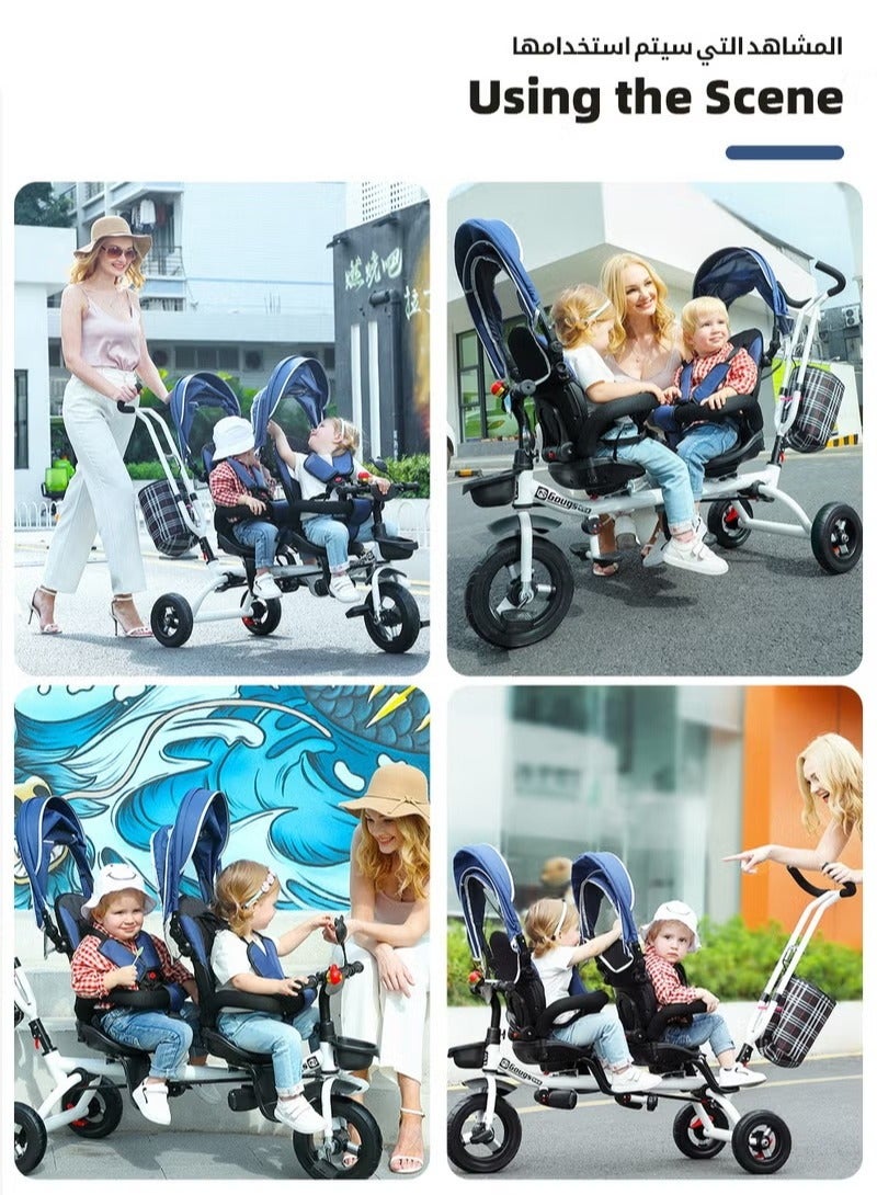 4-in-1 Double Twin Stroller, Tandem Baby Trolley, Kids Tricycle, Baby Stroll Trike with Adjustable Push Handle, Baby Stroller for Two Kids, with Removable Canopy, Guardrail and Rotatable Seat