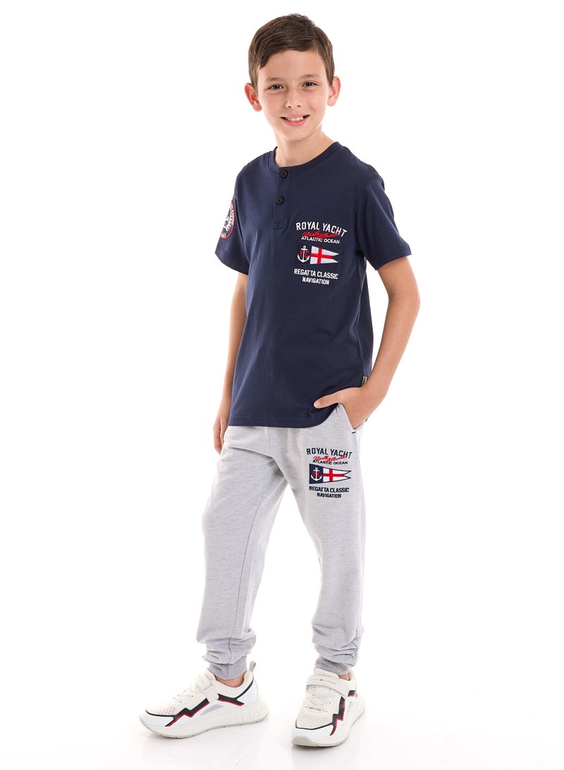 Boys' 2-Piece 100% Cotton T-Shirt & Jogger Set - Navy - Grey