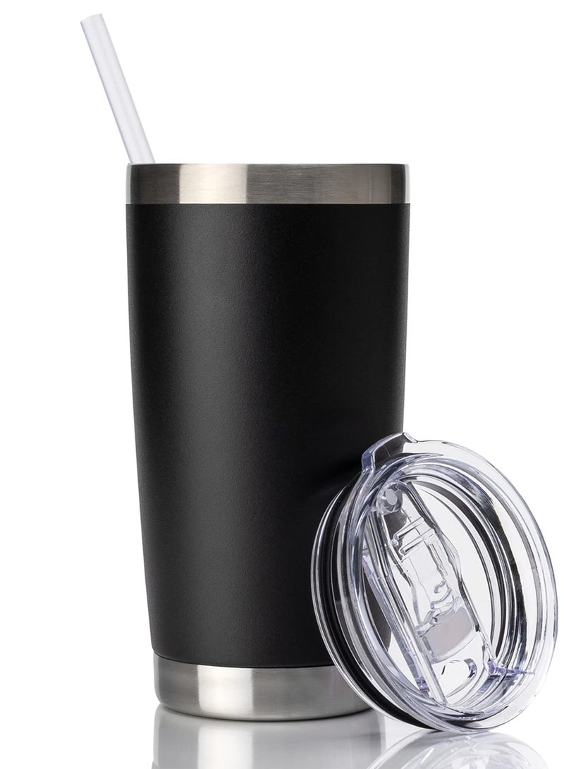 Stainless Steel Vacuum Insulated Coffee Tumbler with Lid and Straw - 20oz Black Travel Mug, Double Wall Powder Coated, Leak-proof Car Thermos for Hot and Cold Beverages.