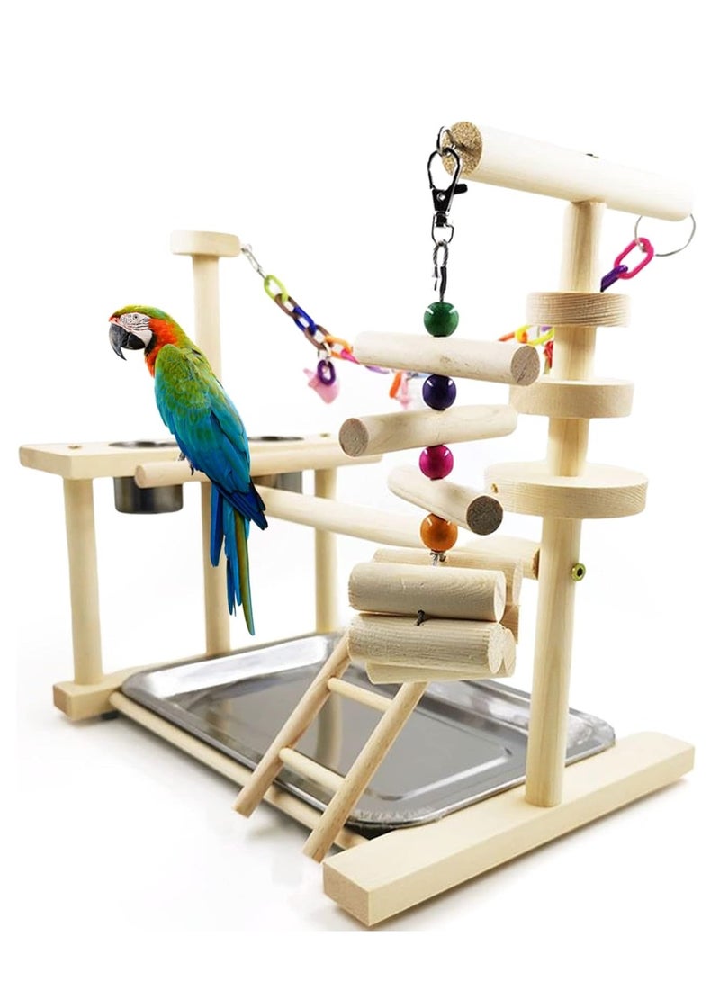 Parrot Wood Playstand Bird Gym Playpen Ladder With Feeder Cups Tray 36.5x25.5x35 Cm