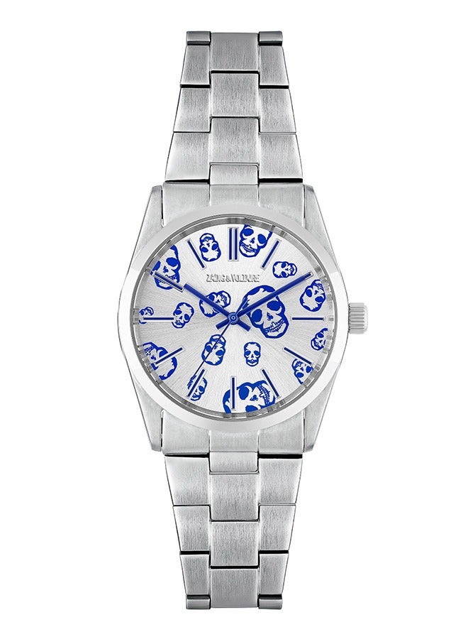 Unisex Adult Zadig & Voltaire Analog Watch with Blue Skull Pattern and Silver Stainless Steel Band  - ZVF1409