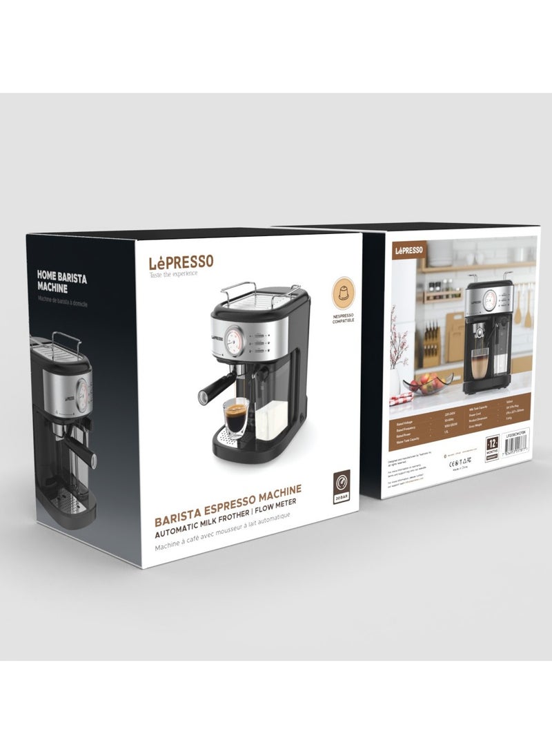 Barista Espresso Coffee Machine 20 Bar Powerful Pressure Pump With Capsule Filter and Funnel - Black