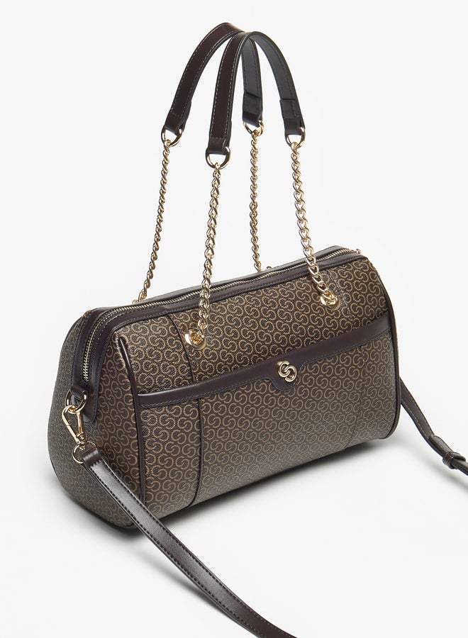 Monogram Print Bowler Bag with Zip Closure and Detachable Strap