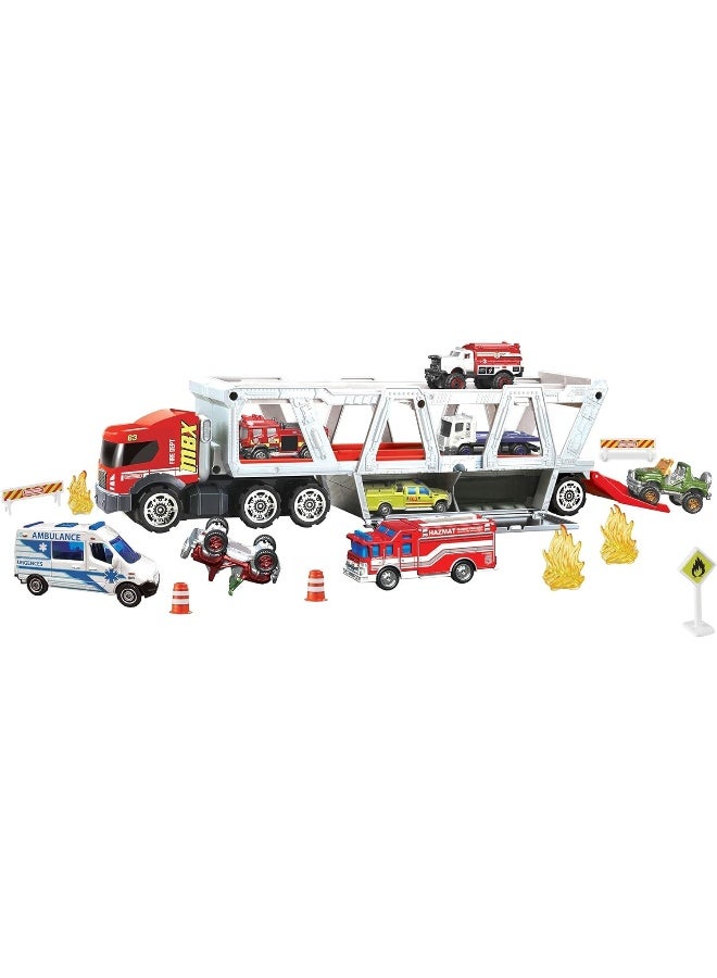 Matchbox Fire Rescue Hauler Playset with 1 Fire-Themed Vehicle & 8 Accessories