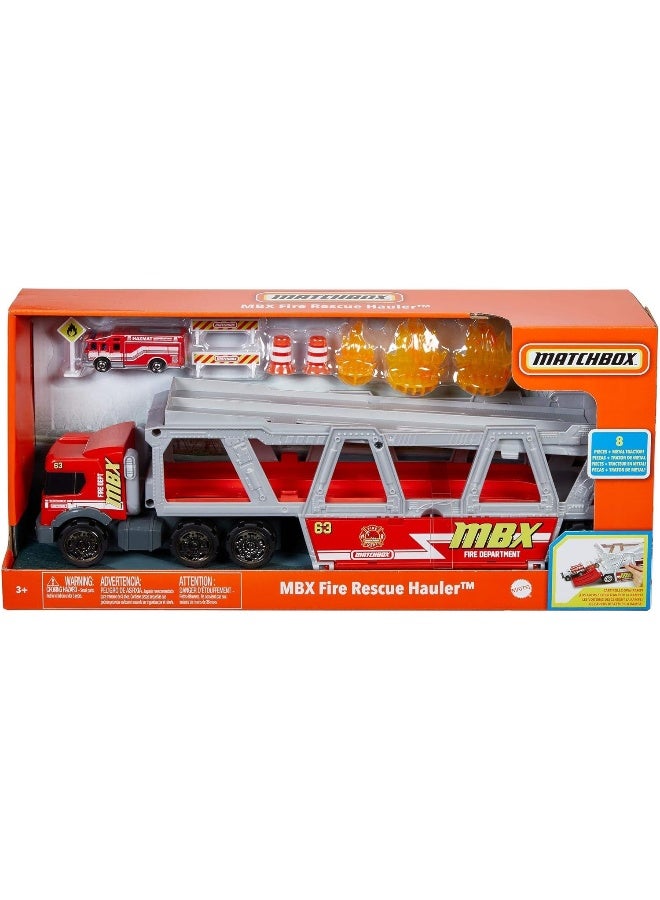 Matchbox Fire Rescue Hauler Playset with 1 Fire-Themed Vehicle & 8 Accessories