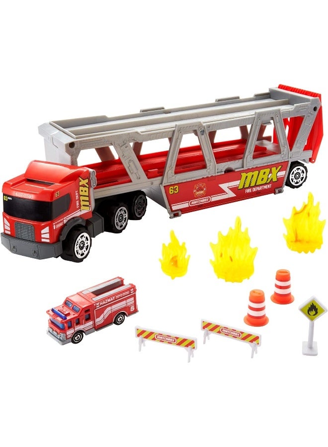 Matchbox Fire Rescue Hauler Playset with 1 Fire-Themed Vehicle & 8 Accessories