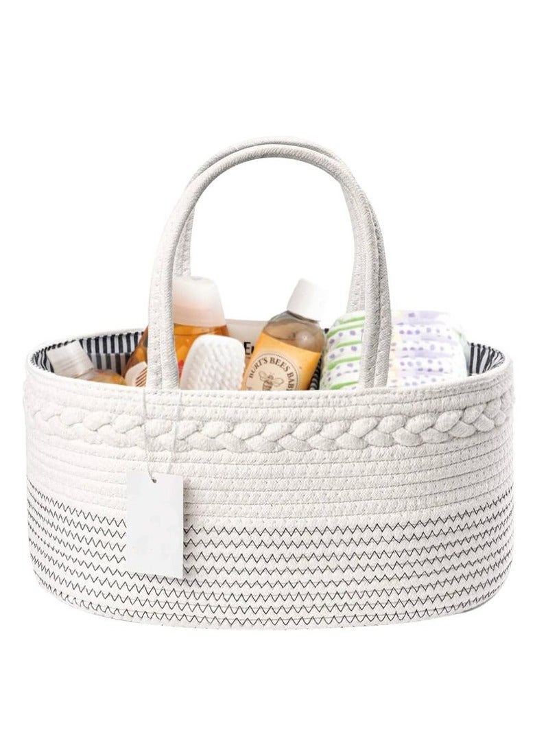 Baby Diaper Caddy Organizer, Nursery Storage Basket for Boys Girls,Cotton Rope Diaper Storage Basket, Large Bag Car Bassinet with Removable Inserts, Nursery Storage Bin, 100% White Cotton