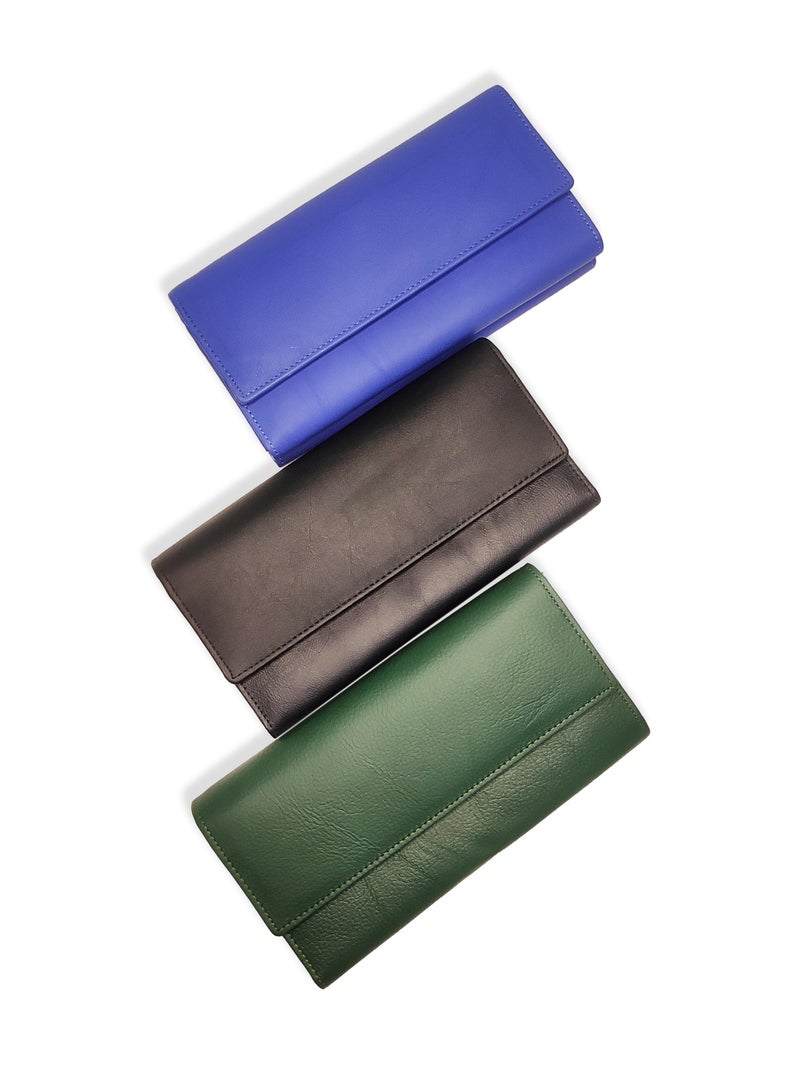 Genuine Leather Flap Black, Blue, Green Combo  Wallet Women's Clutch Organizer